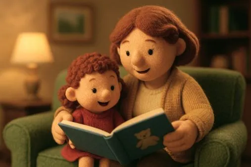 Happy child reading a personalized TinyWonderTales book with joy and excitement